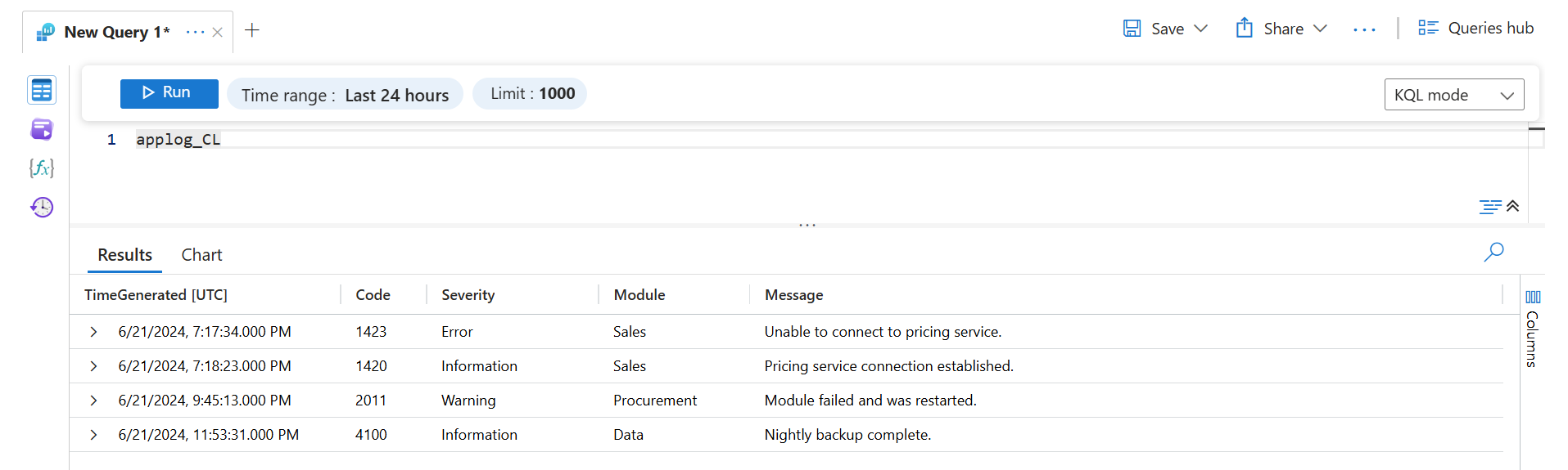 Screenshot that shows log query returning results of comma-delimited file collection.