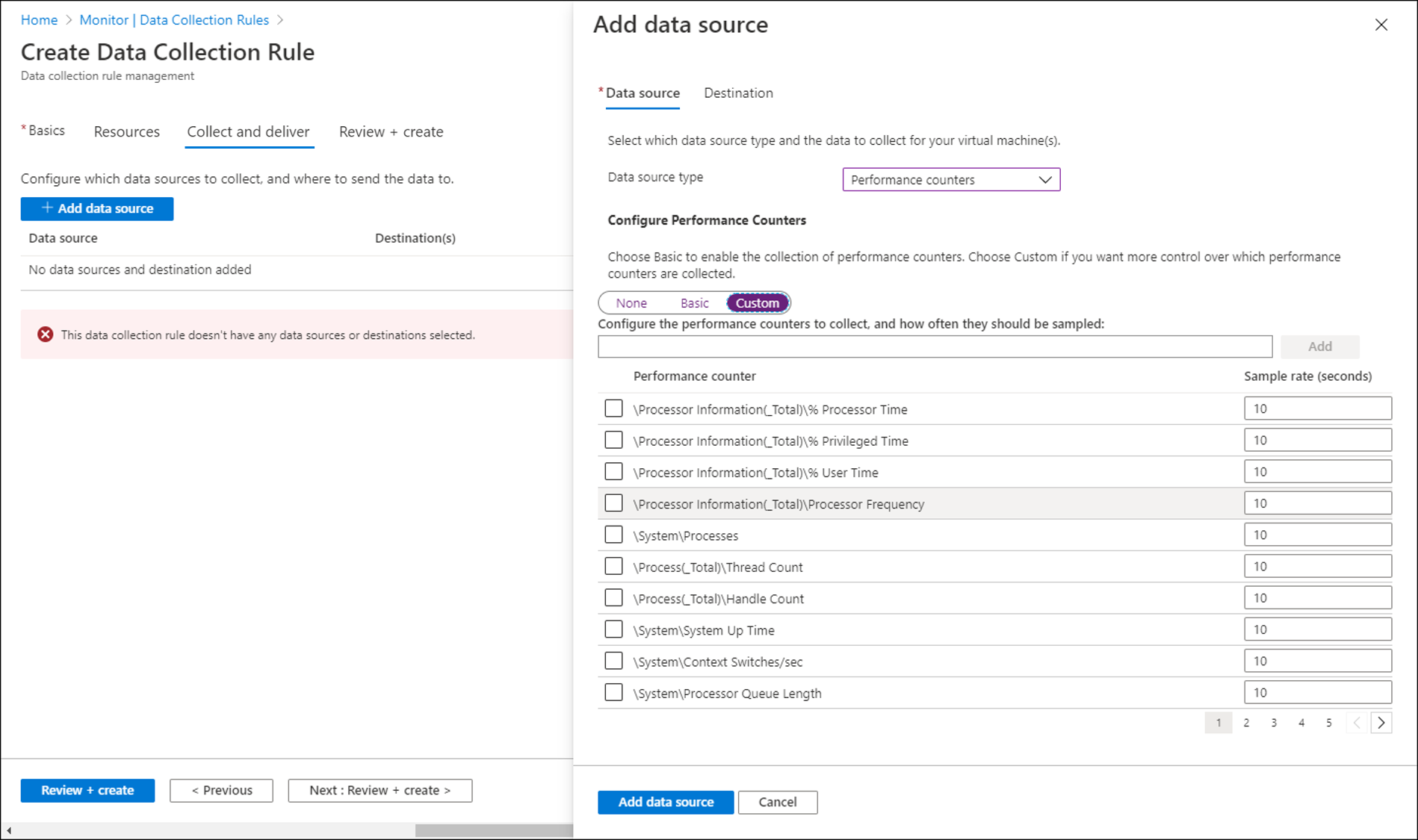 Screenshot that shows the Azure portal form to select custom performance counters in a data collection rule.