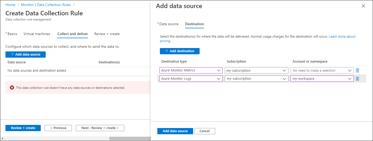 Screenshot that shows configuration of an Azure Monitor Logs destination in a data collection rule.