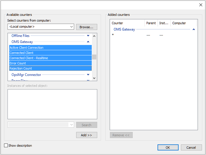 Screenshot of Log Analytics gateway interface, showing performance counters