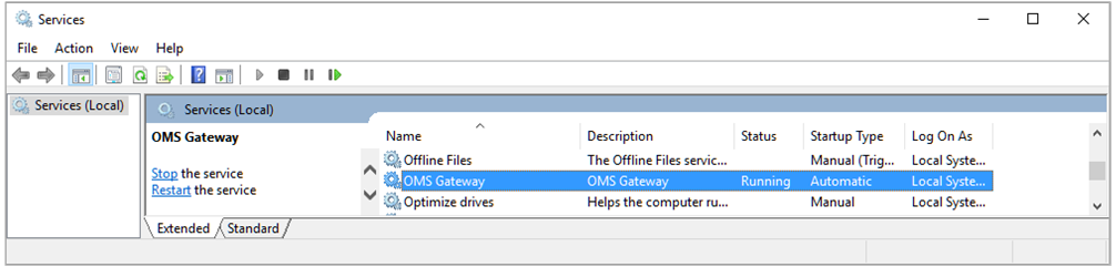 Screenshot of local services, showing that OMS Gateway is running