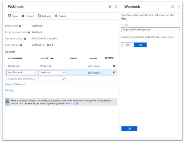Screenshot that shows the common alert schema opt-in.