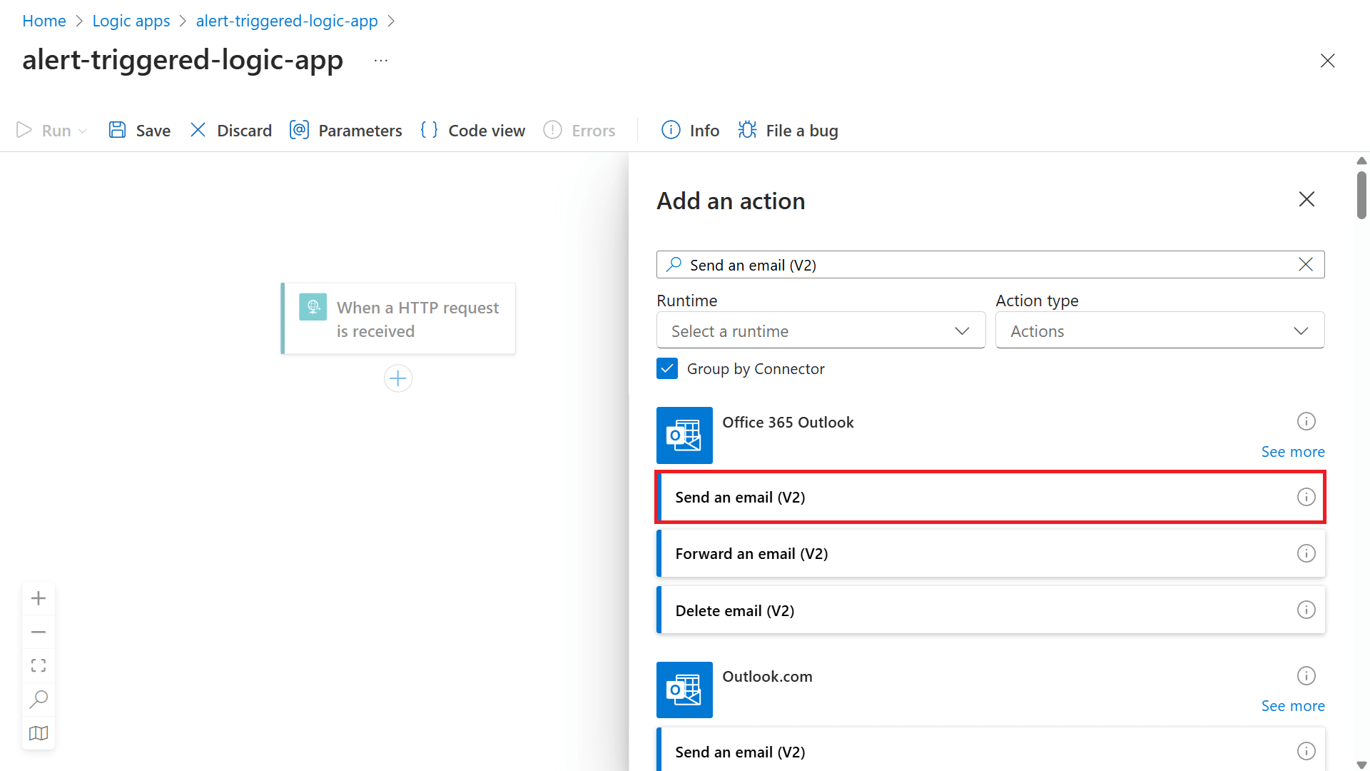 Screenshot of the 'Add an action' menu with 'Send an email (V2)' highlighted.