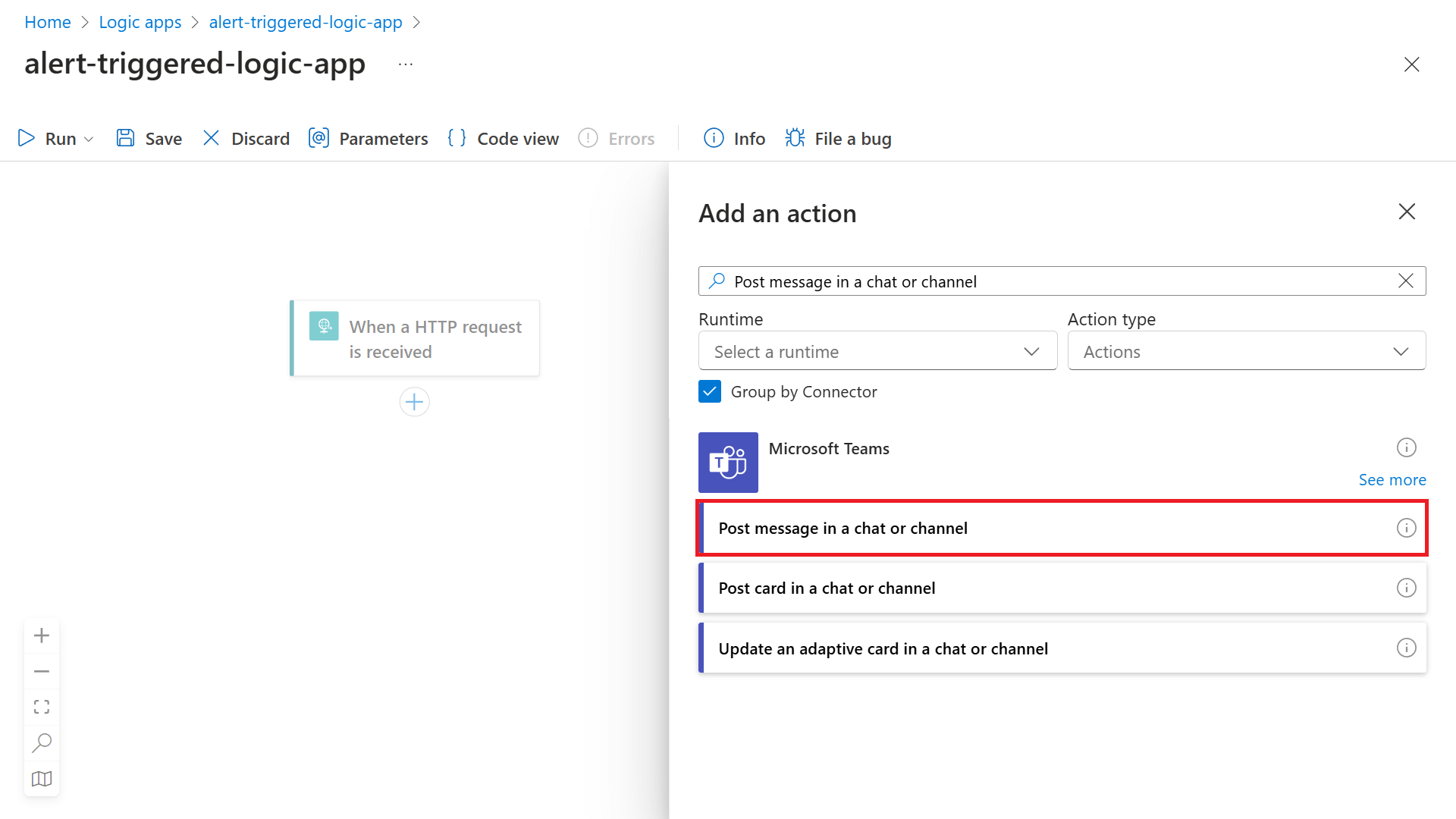 Screenshot of the 'Add an action' menu with 'Post message in a chat or channel' highlighted.