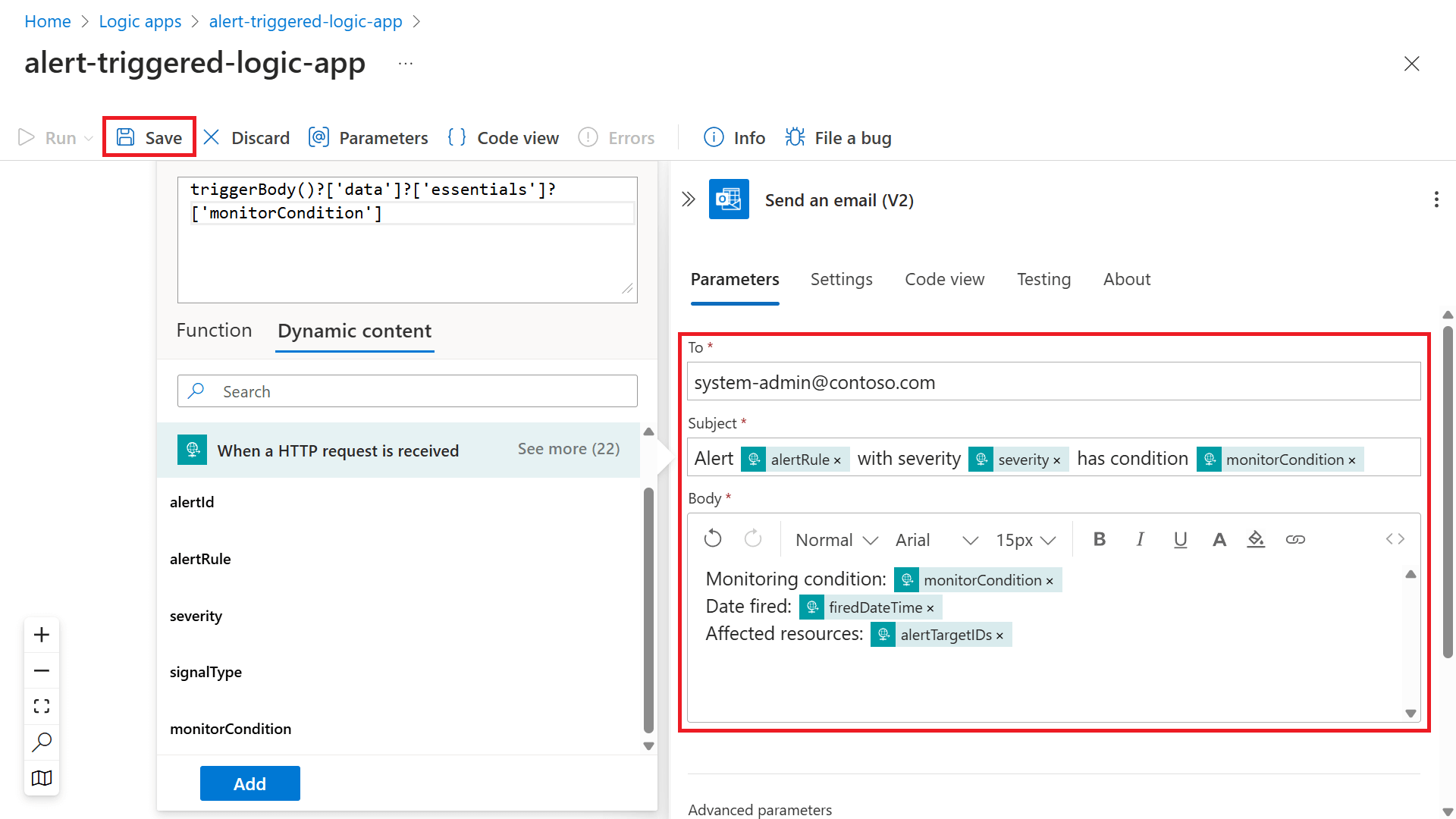 Screenshot of the 'Send an email (V2)' menu with the fields To, Subject, and Body highlighted.
