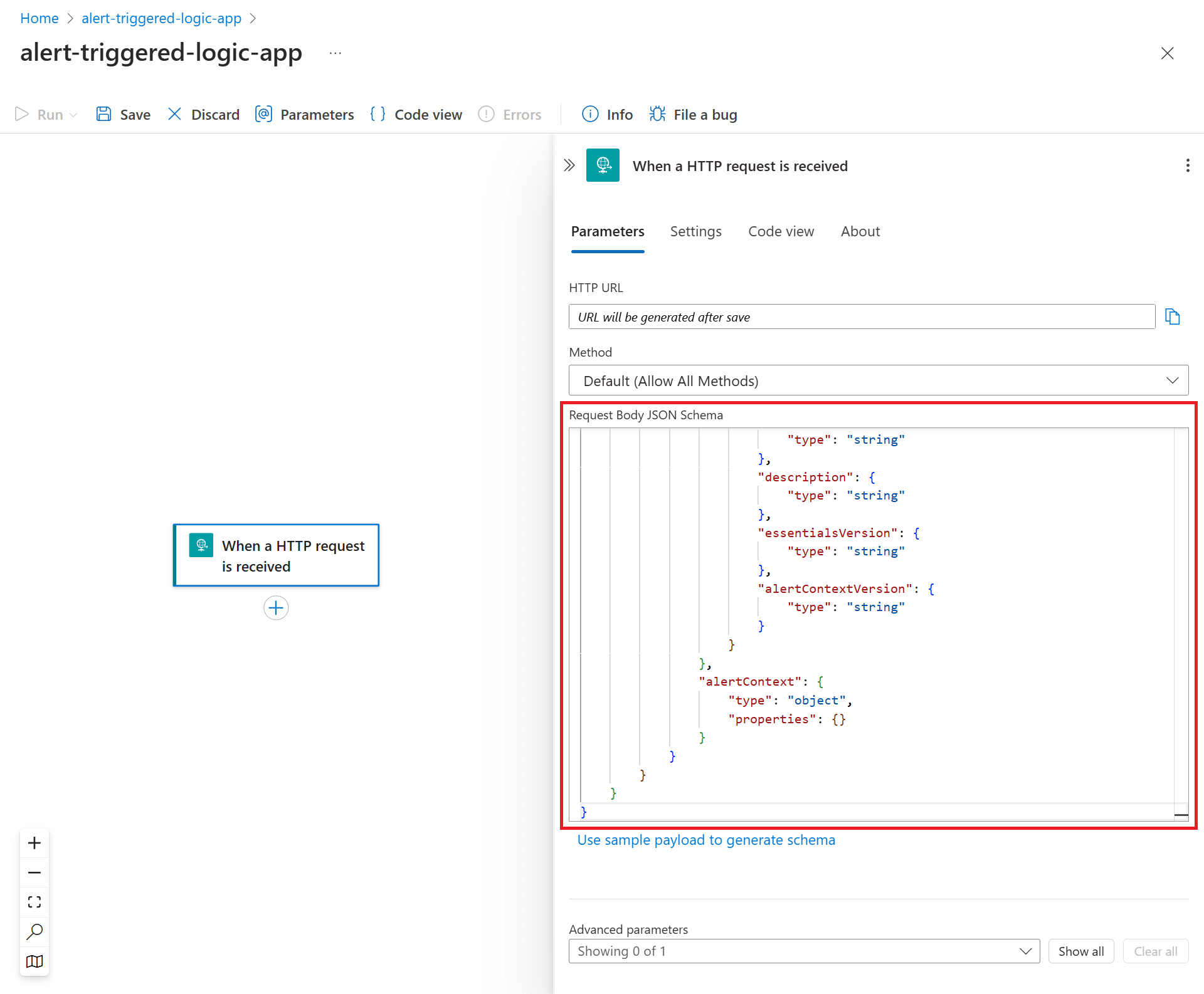 Screenshot of the 'When a HTTP request is received' menu with the 'Request Body JSON Schema' field highlighted.