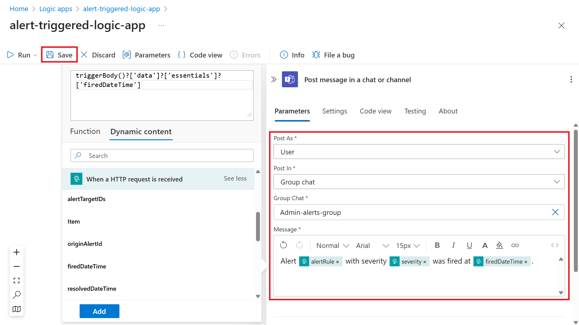 Screenshot of the 'Post message in a chat or channel' menu with the fields Post as, Post in, Group Chat, and Message highlighted.