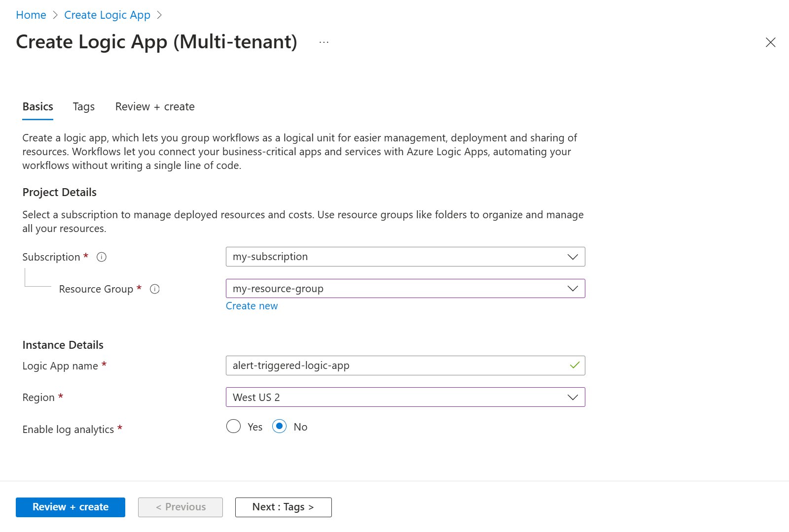 Screenshot of the 'Create Logic App' page.