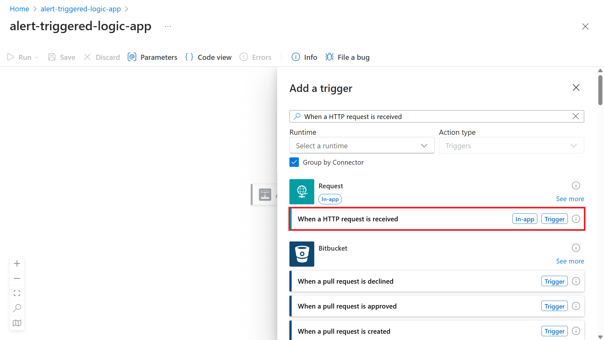 Screenshot of the 'Add a trigger' menu with 'When an HTTP request is received' highlighted.