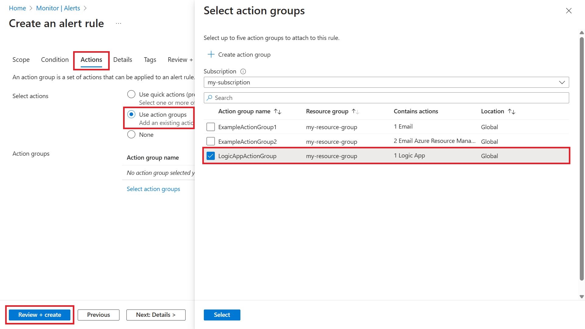 Screenshot that shows the Actions tab on the Create an alert rule pane and the Select action groups pane.