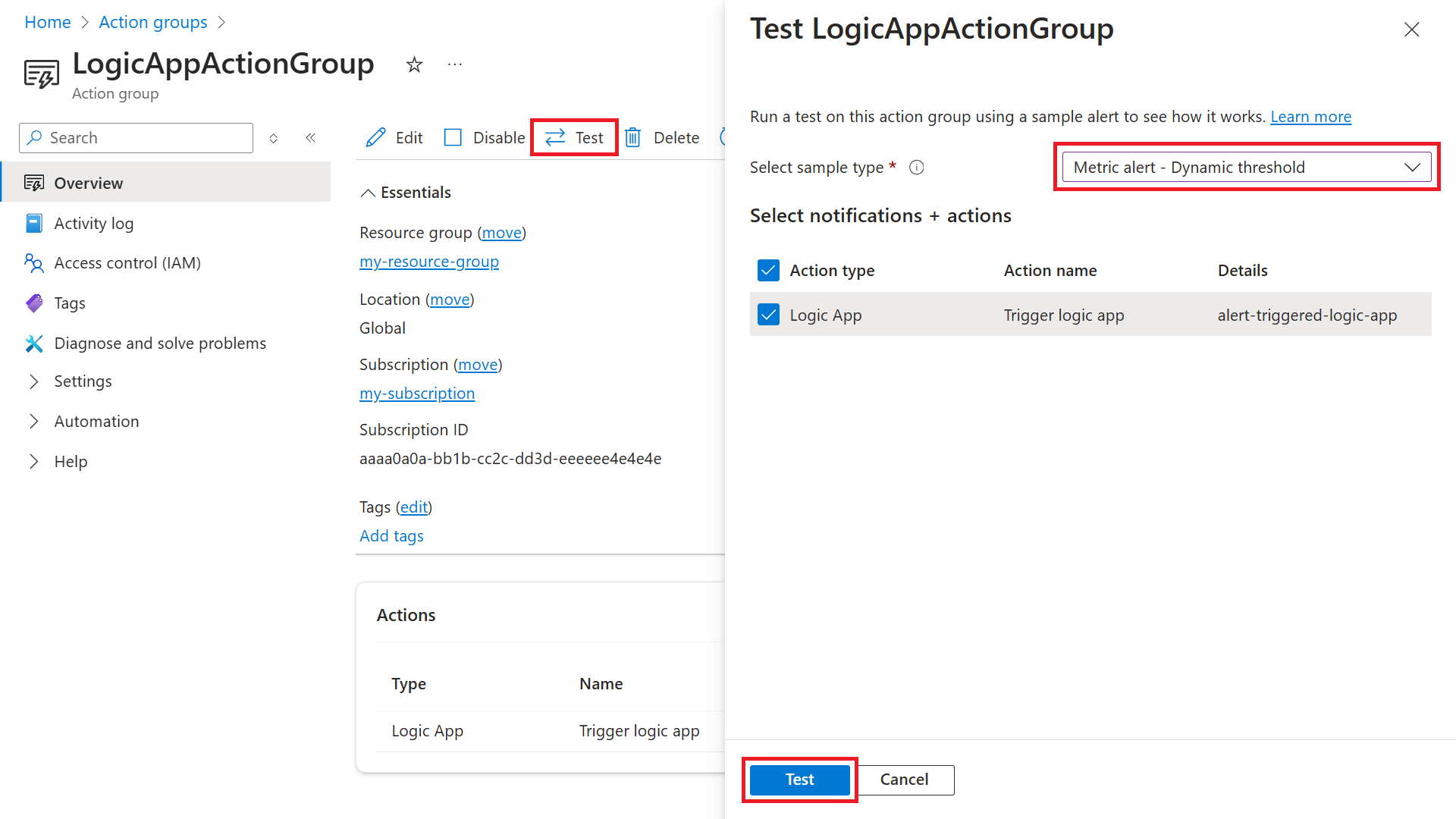 Screenshot of an action group details Test page.