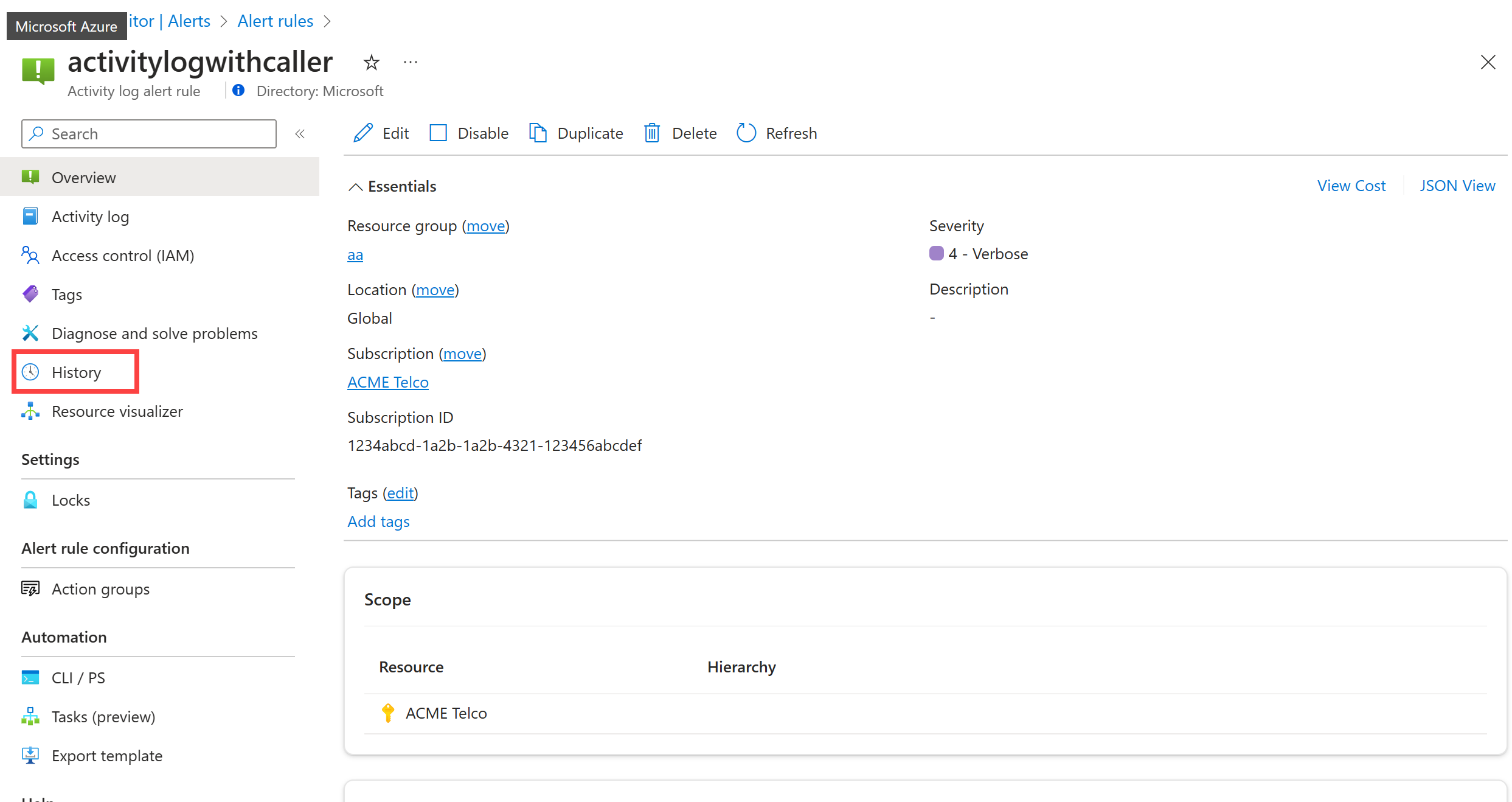Screenshot that shows the history button from the alerts rule page.
