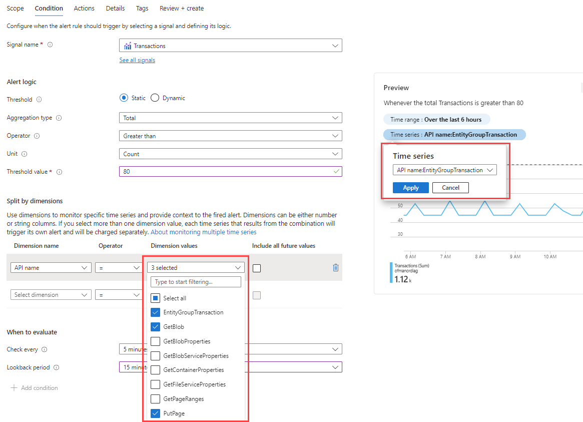 Screenshot that shows a multi-dimension alert rule with values from one dimension.