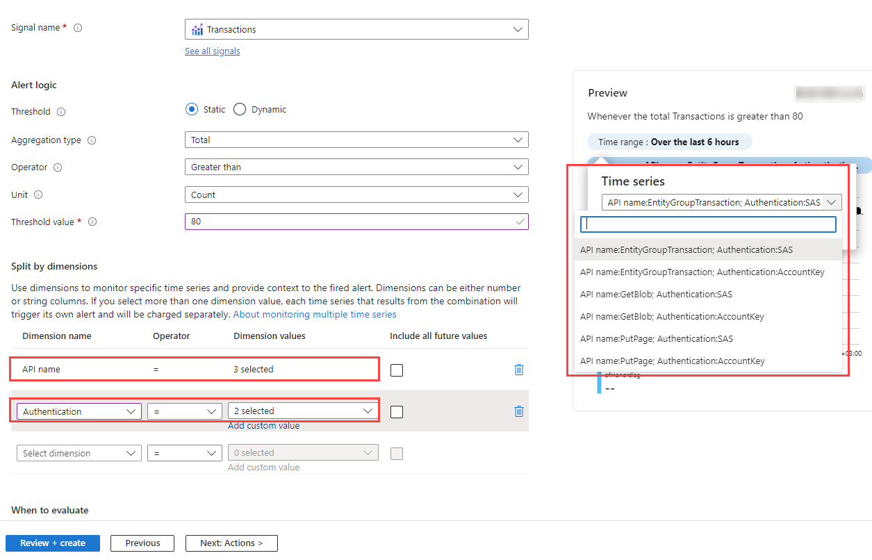 Screenshot that shows a multi-dimension alert rule with values from multiple dimensions.