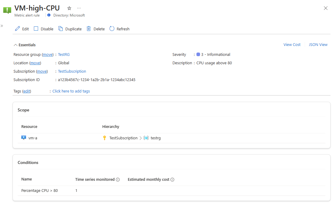 Screenshot that shows an alert rule on a single time series.
