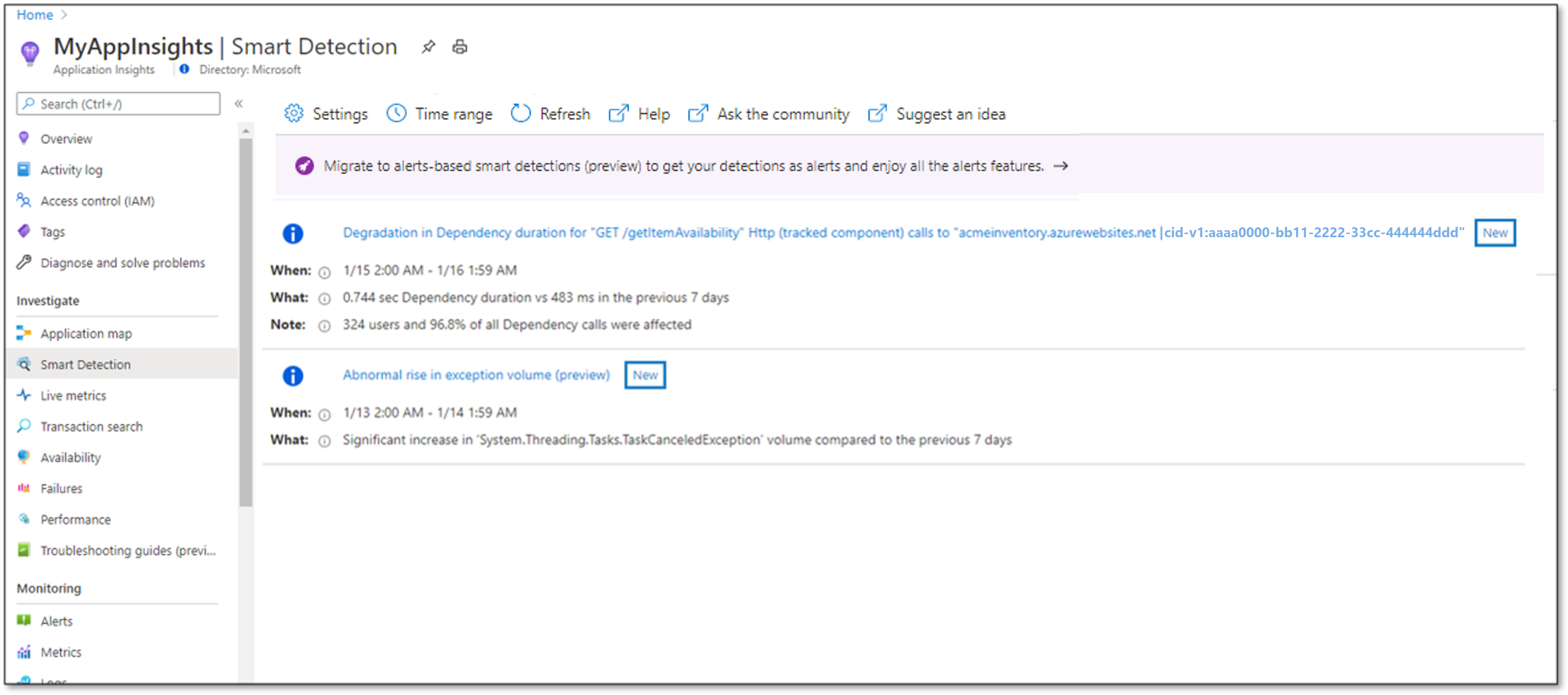 Screenshot that shows the Smart Detection feed banner.