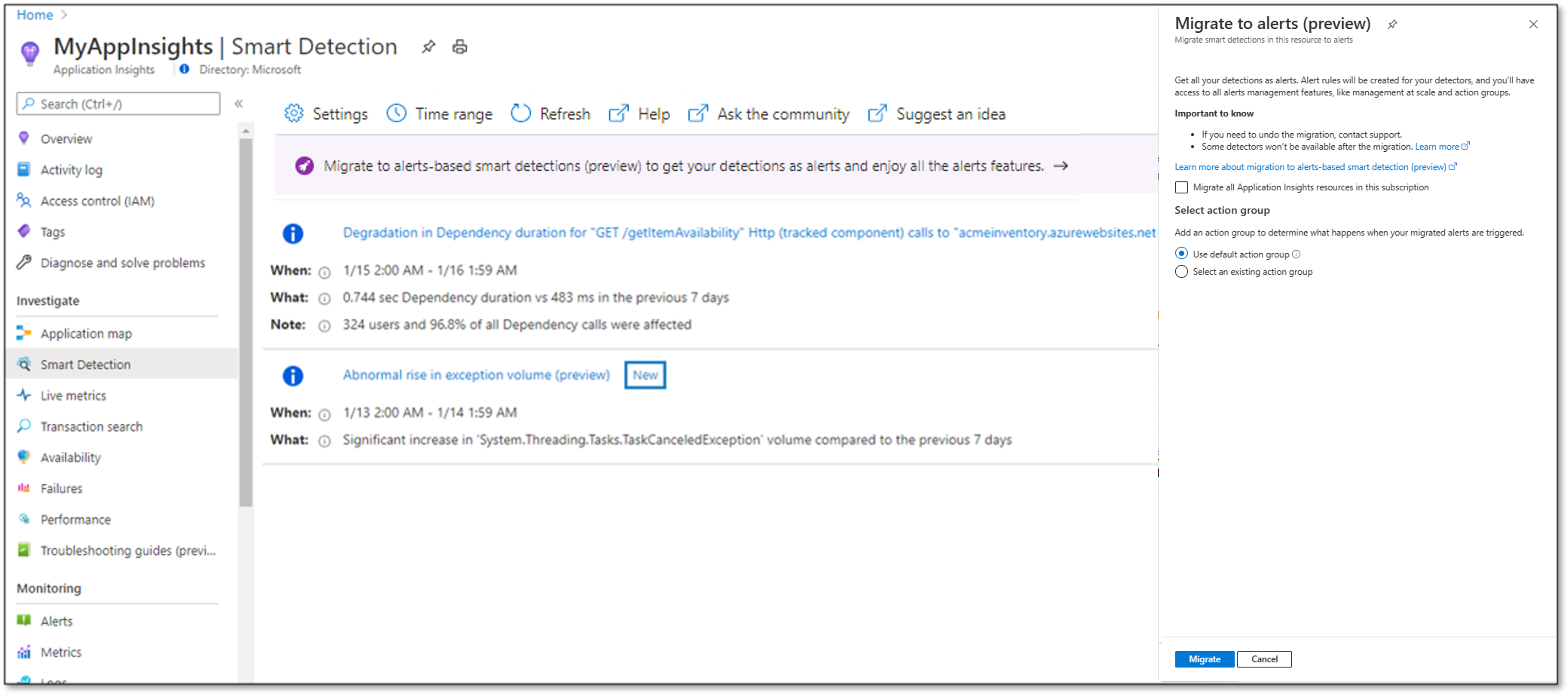 Screenshot that shows the Smart Detection migration dialog.