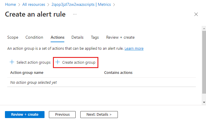 Screenshot that shows the 'Create action group' button highlighted.