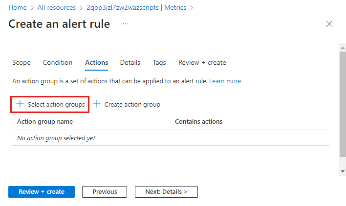 Screenshot that shows the 'Select action groups' button highlighted.