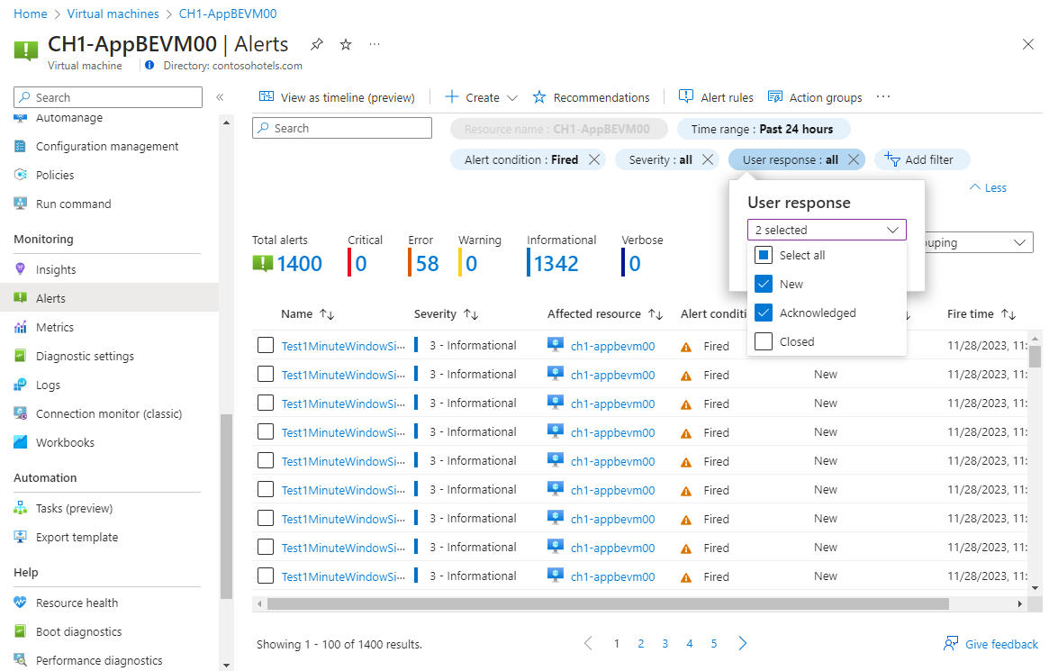 Screenshot that shows the 'User response' filter.