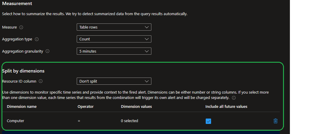 Screenshot showing the Alert rule dimensions with a dimension called Computer set.