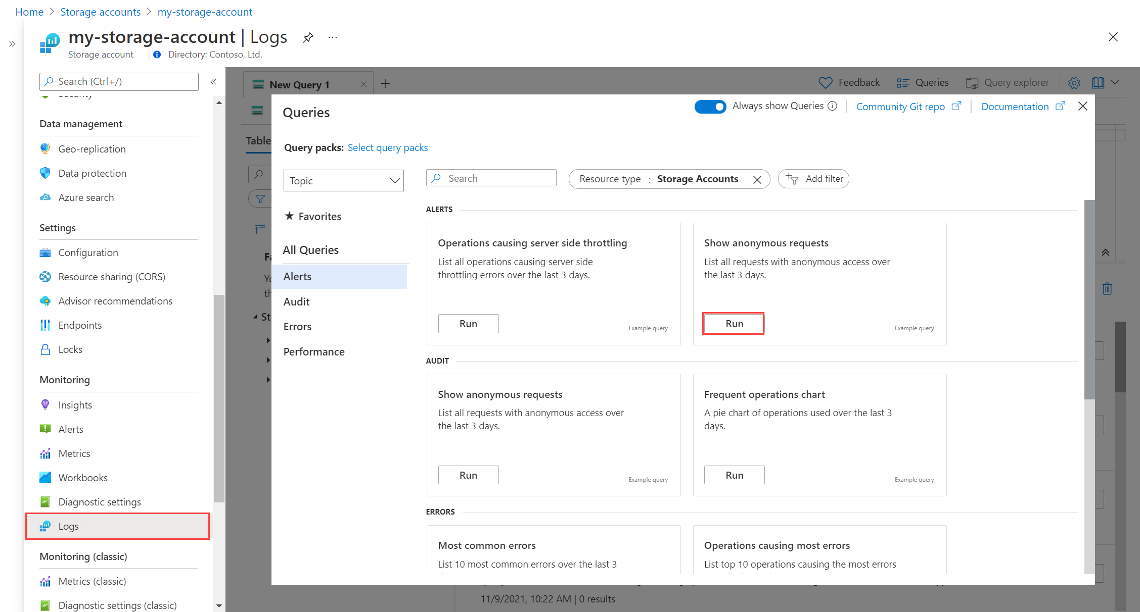 Log Analytics with queries window