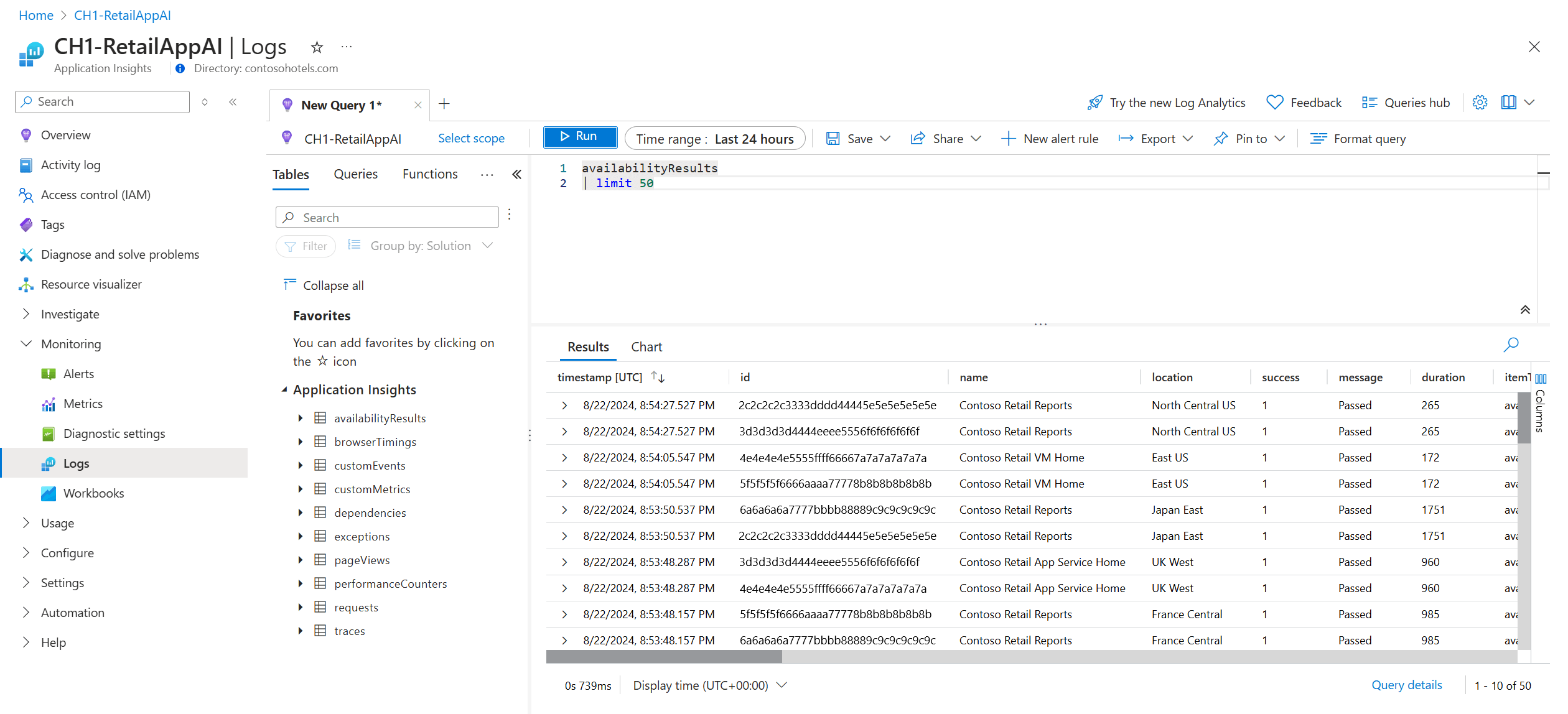 Screenshot showing availability results in Logs.