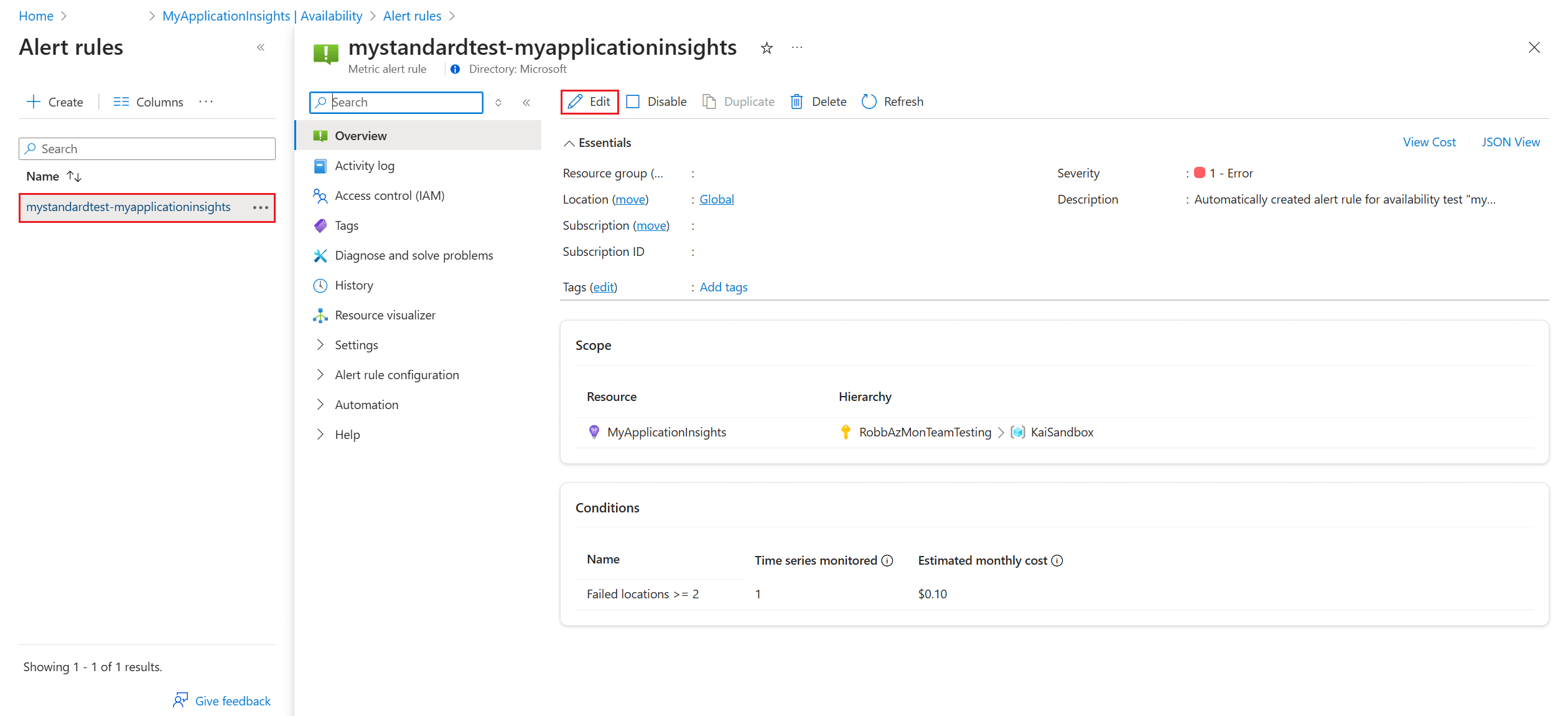 Screenshot showing an alert rule page in the Azure portal with Edit highlighted.
