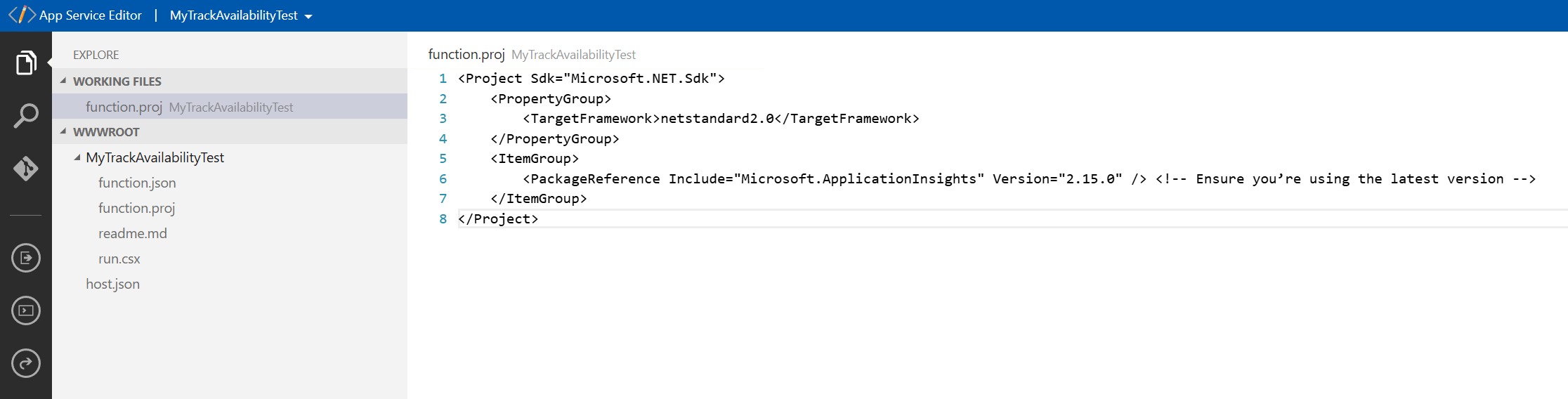 Screenshot showing function.proj in the App Service Editor.