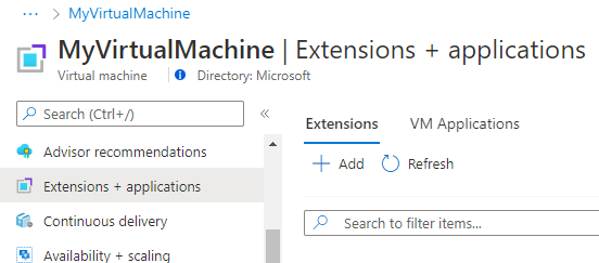 Screenshot that shows the Extensions + applications pane with the Add button.