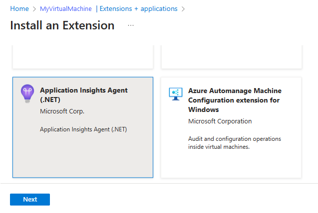 Screenshot that shows the Install an Extension pane with the Next button.