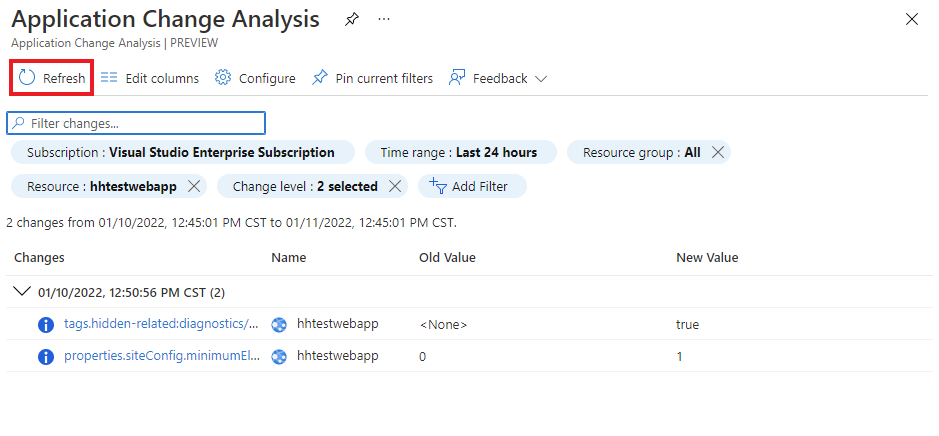 Screenshot that shows selecting Refresh to view the latest changes.
