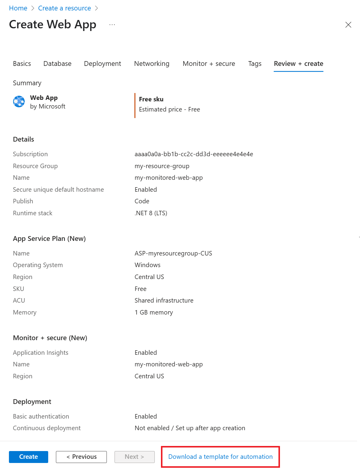 Screenshot that shows the App Service web app creation menu.