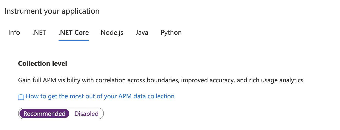 Screenshot that shows instrumenting your application section.