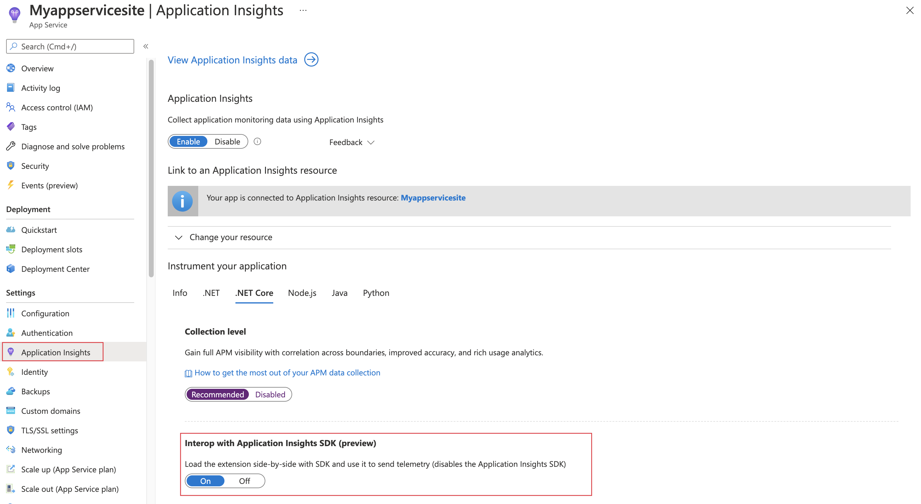Screenshot that shows the interop setting enabled.