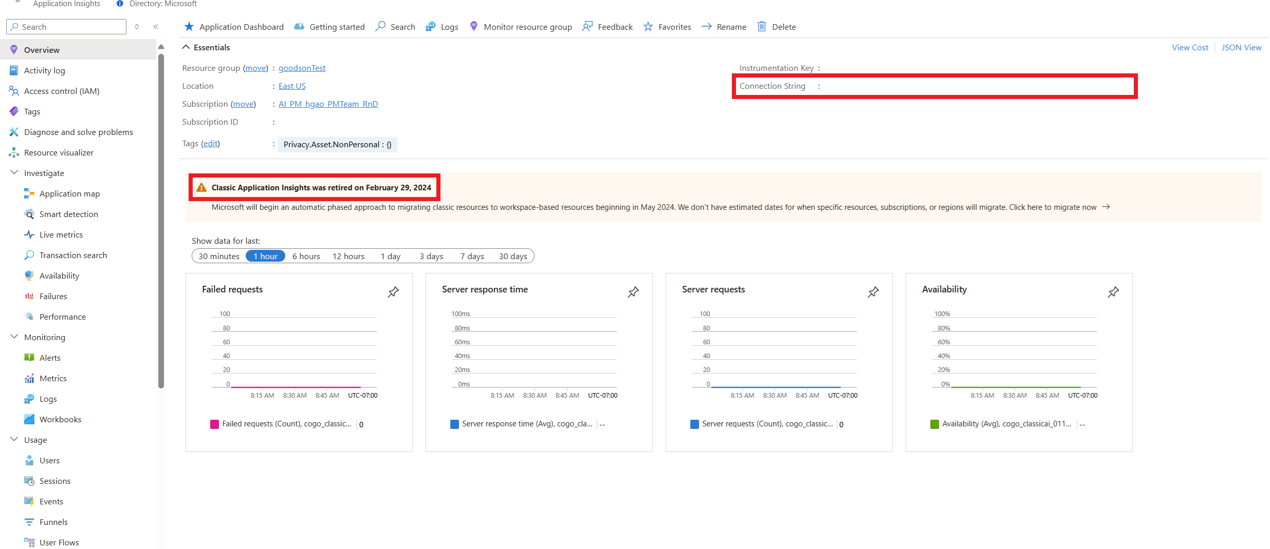 A screenshot of the classic Application Insights portal overview page.
