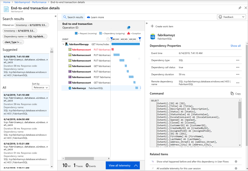 Screenshot that shows selecting a sample to see the end-to-end transaction details.