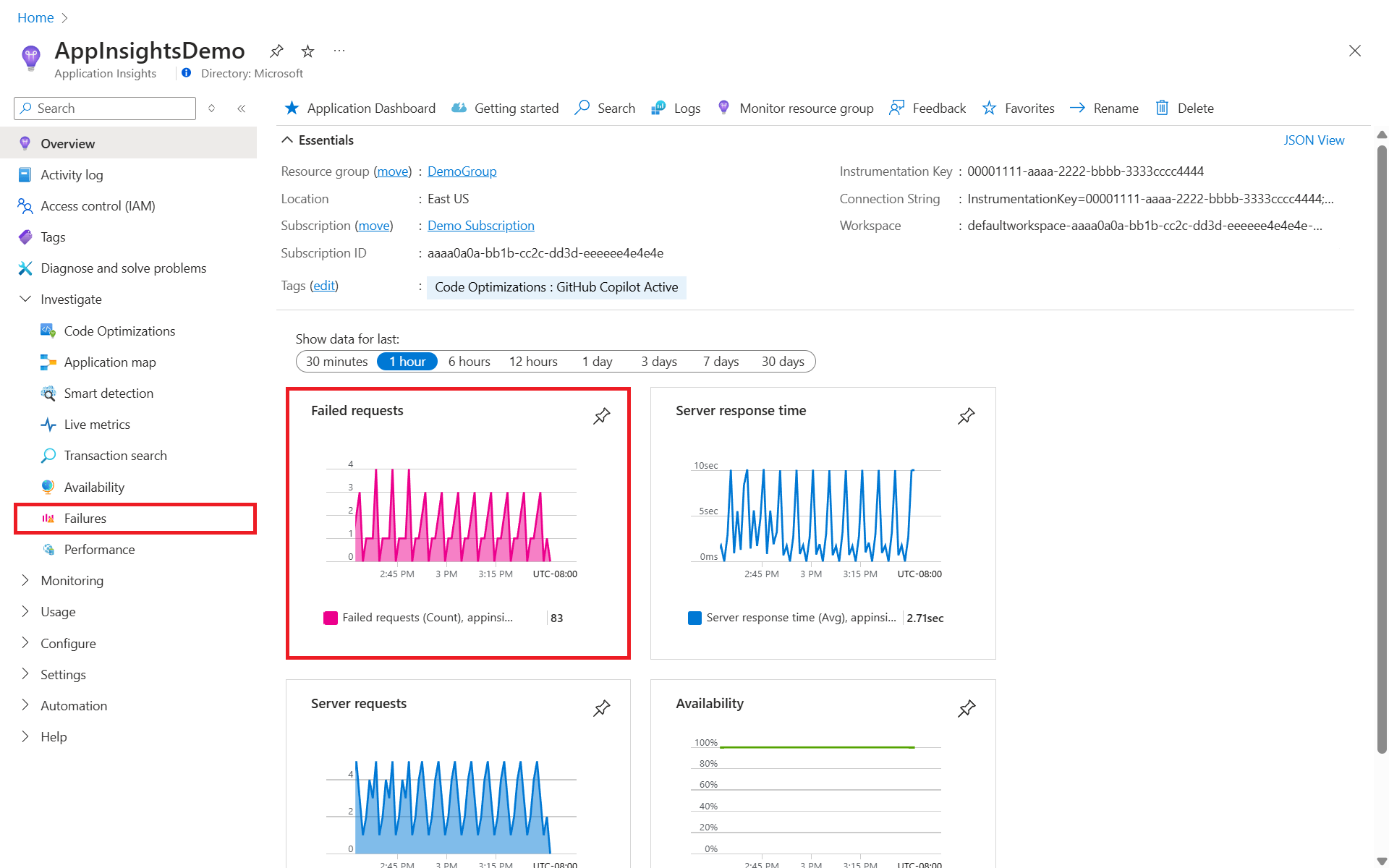 Screenshot showing how to reach the 'Failures' view in Application Insights.