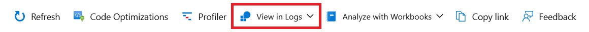 Screenshot of the top action bar with the 'View in logs' button highlighted.