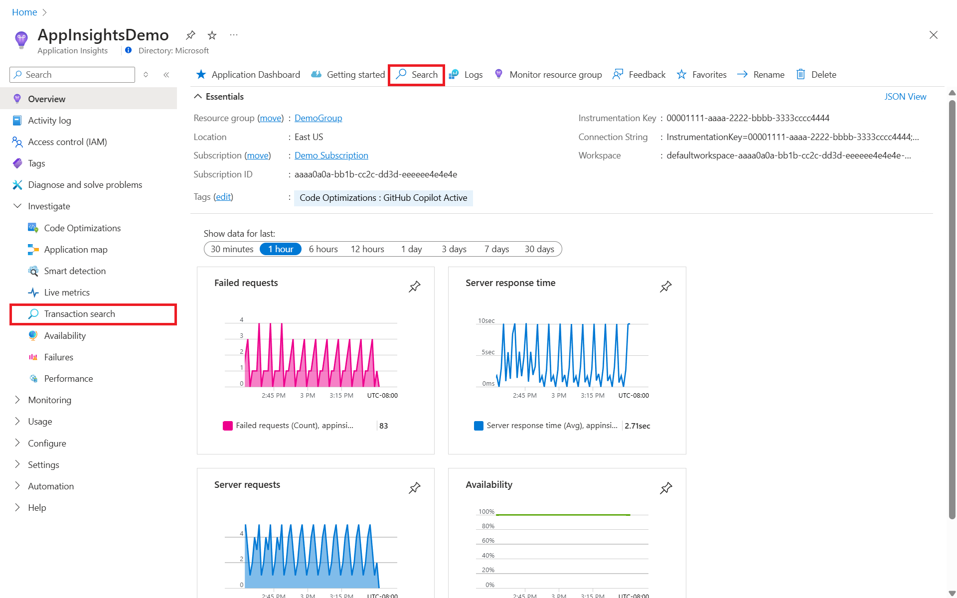 Screenshot showing how to reach the 'Transaction search' view in Application Insights.
