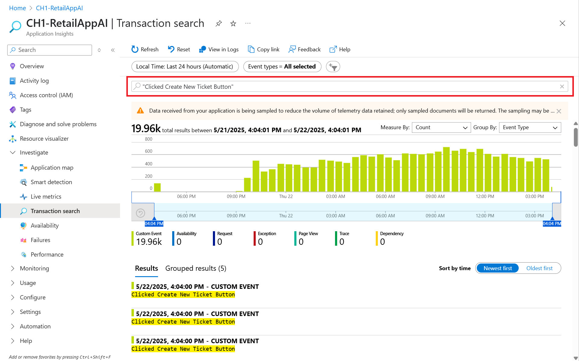 Screenshot that shows opening a diagnostic search.