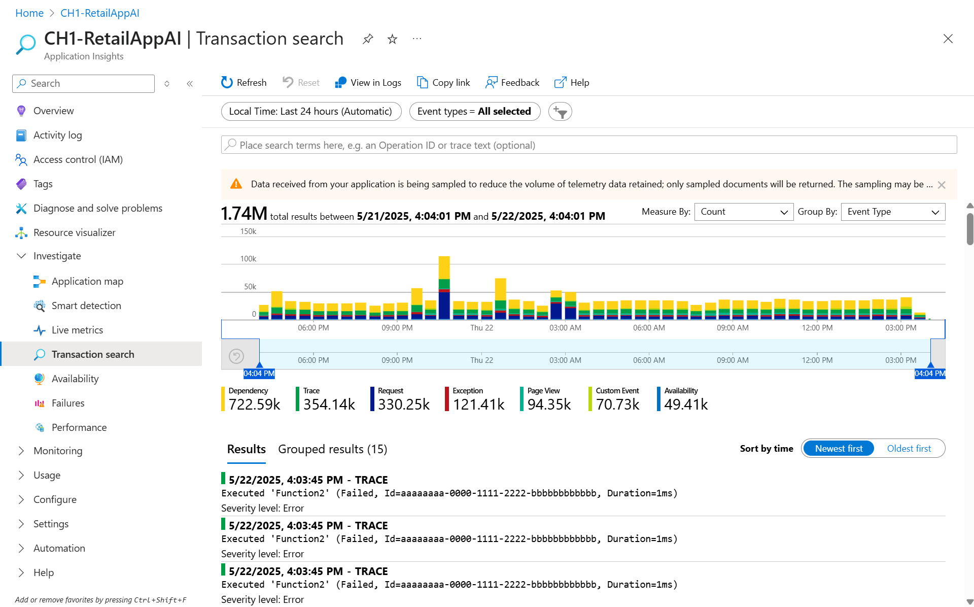 Screenshot showing the 'Transaction search' view in Application Insights.