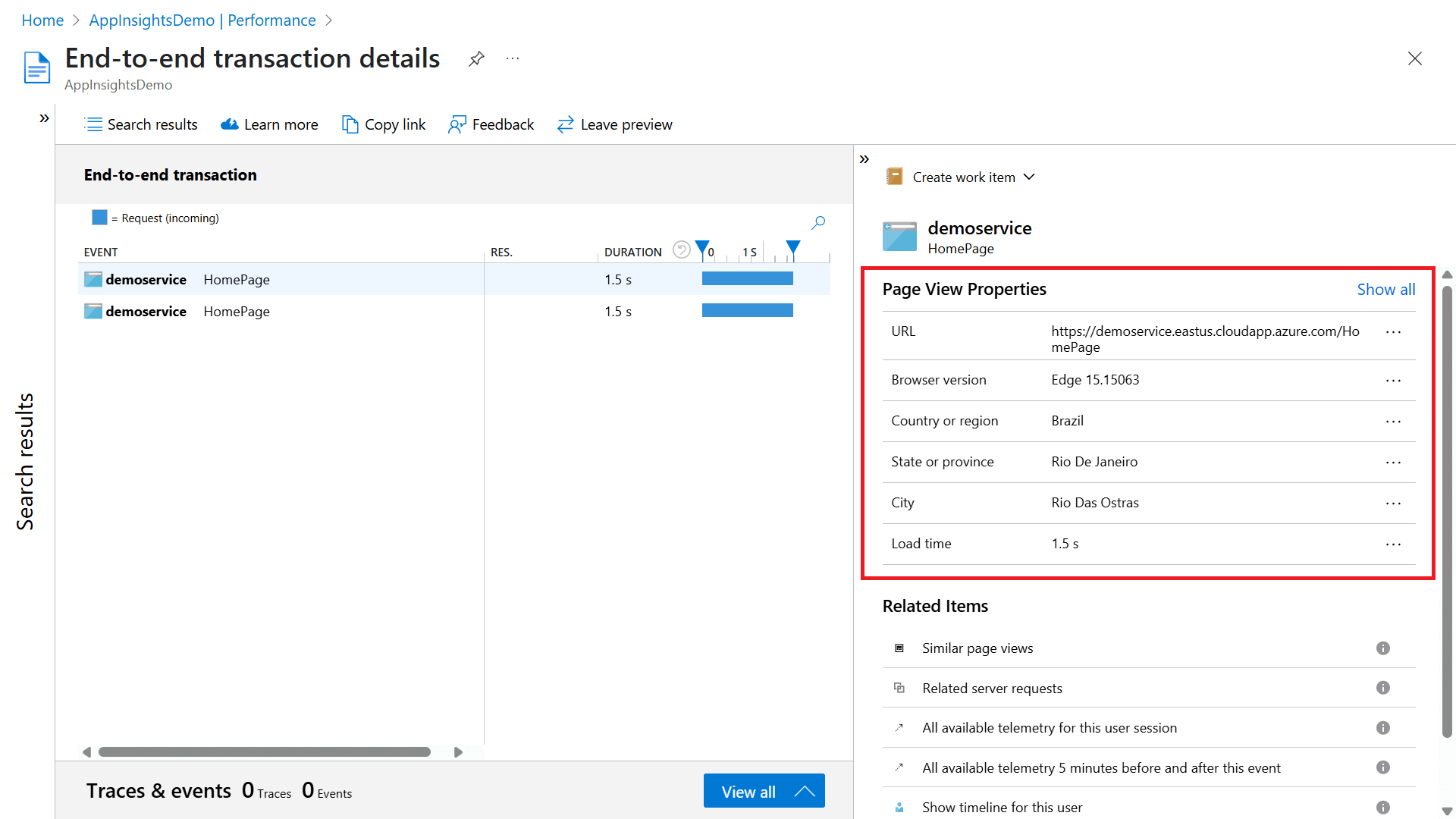 Screenshot showing the 'End-to-end transaction details' view with the 'Page View Properties' section highlighted.