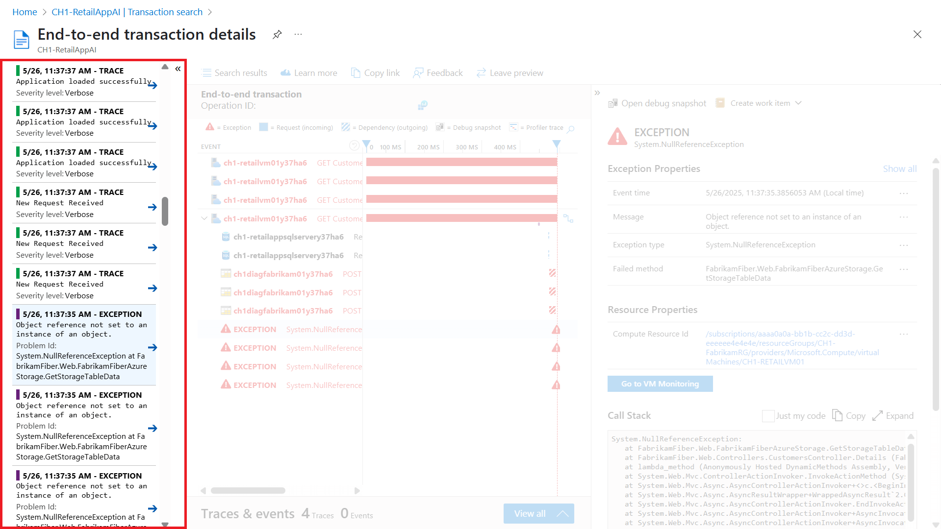 Screenshot that shows the transaction view with the results list highlighted.