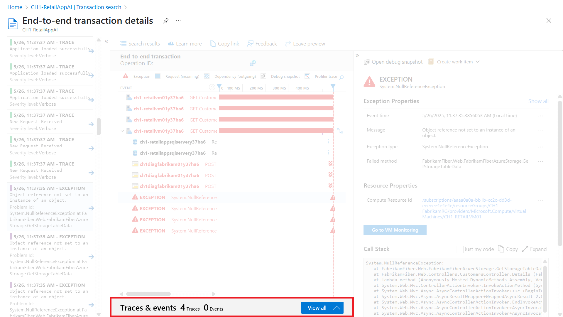 Screenshot that shows the transaction view with the collapsed time sequence section highlighted.