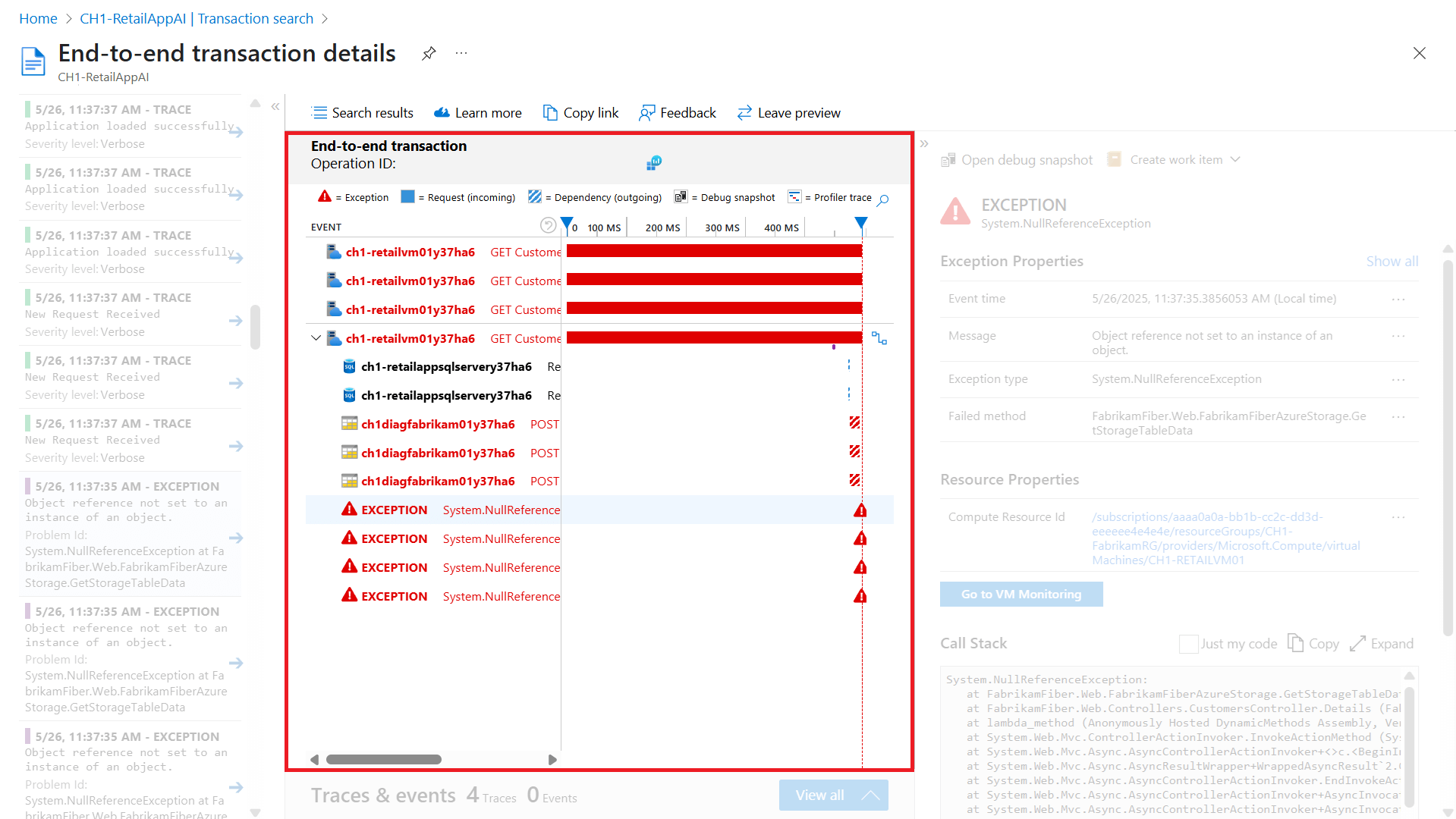 Screenshot that shows the transaction view with the cross-component transaction chart highlighted.