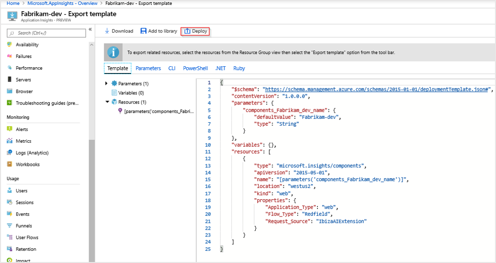 Screenshot that shows the Deploy button.