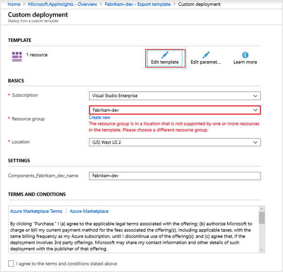 Screenshot that shows the Edit button, along with a warning about the resource group.