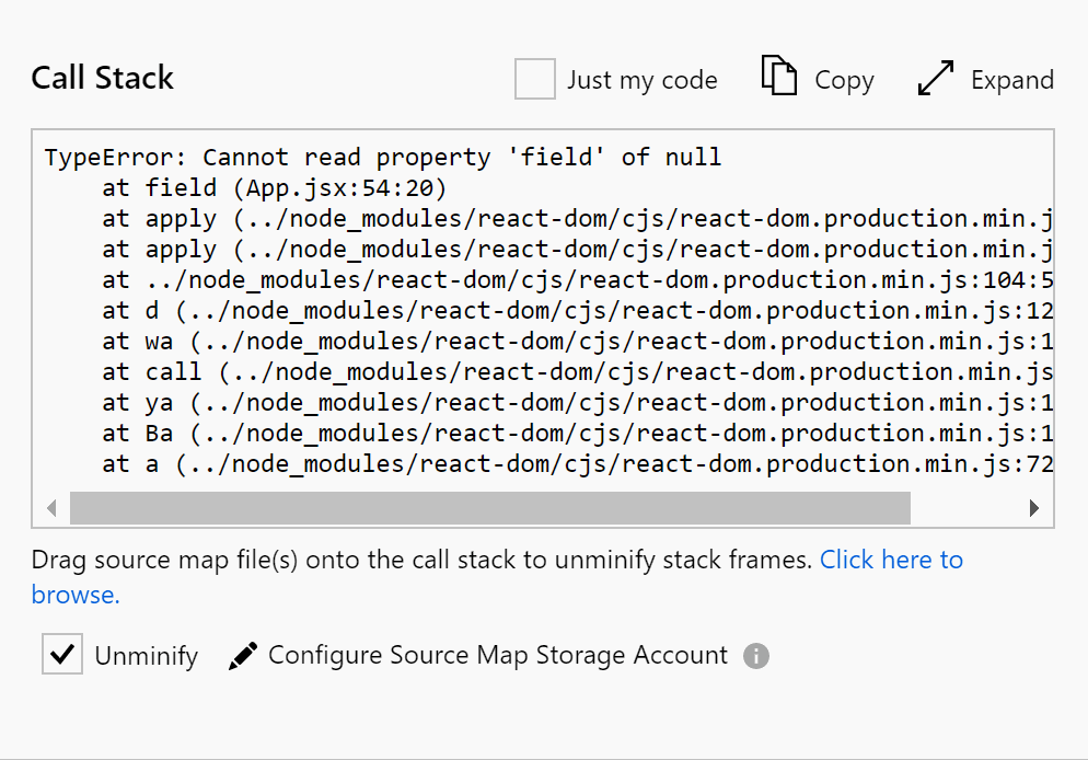 Screenshot that shows selecting the option to unminify a call stack by linking with a storage account.