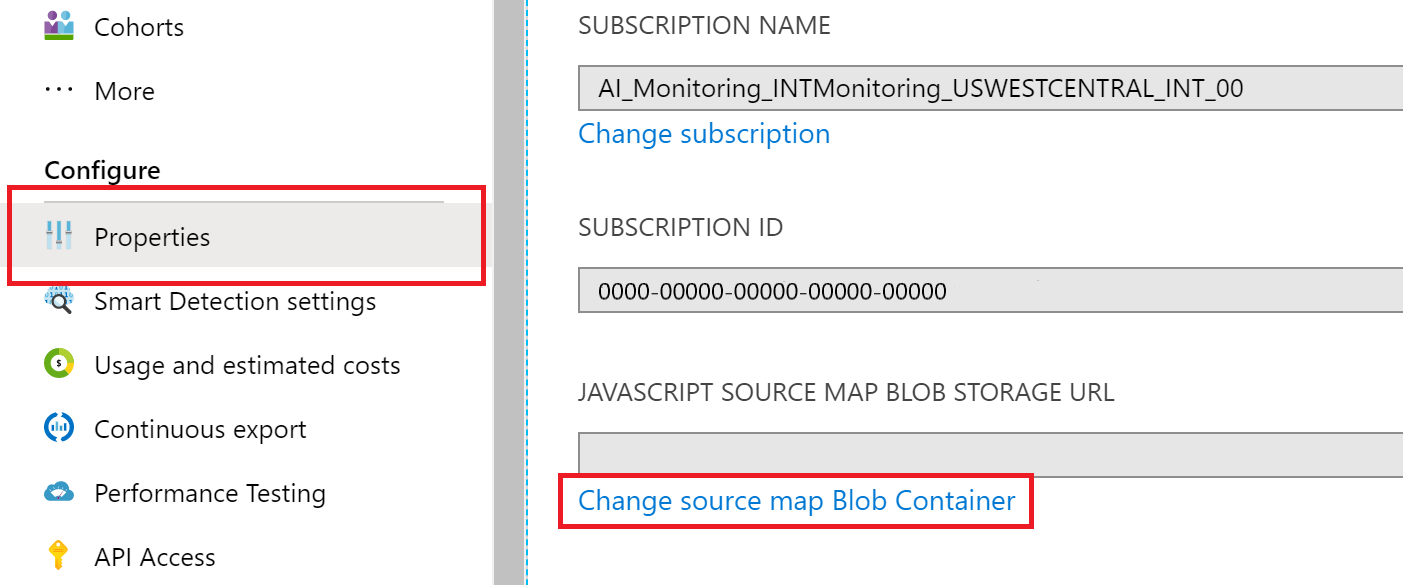 Screenshot that shows reconfiguring your selected Azure blob container on the Properties pane.